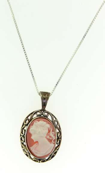 Italian Sterling Silver Cameo Pendant With Chain Necklace