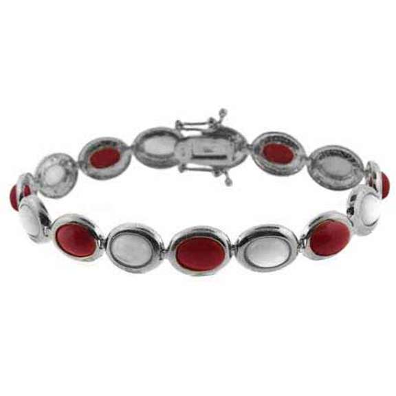 Sterling Silver Mother of Pearl & Created Red Coral Oval Link Bracelet