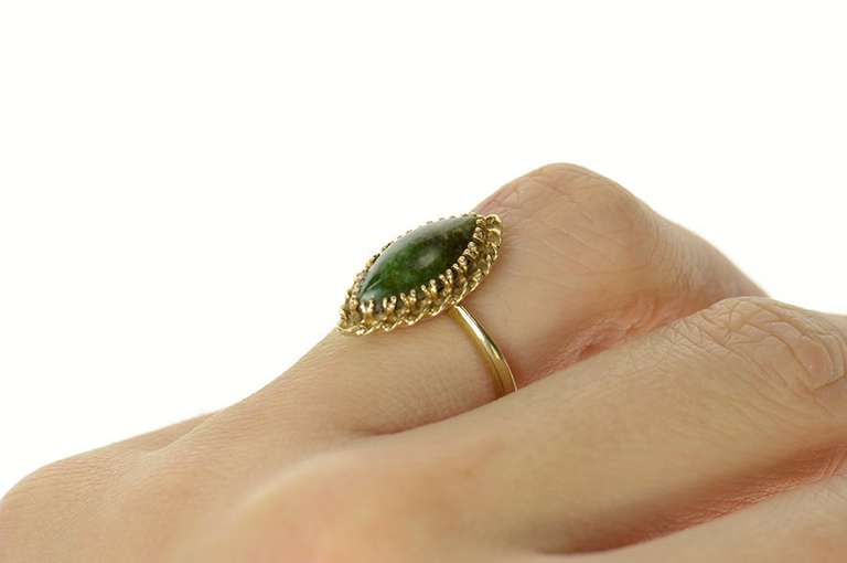 10K Yellow Gold Marquise Green Jasper Cabochon Statement Ring