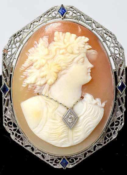 Gorgeous Adorned Cameo Brooch in 14KT White Gold