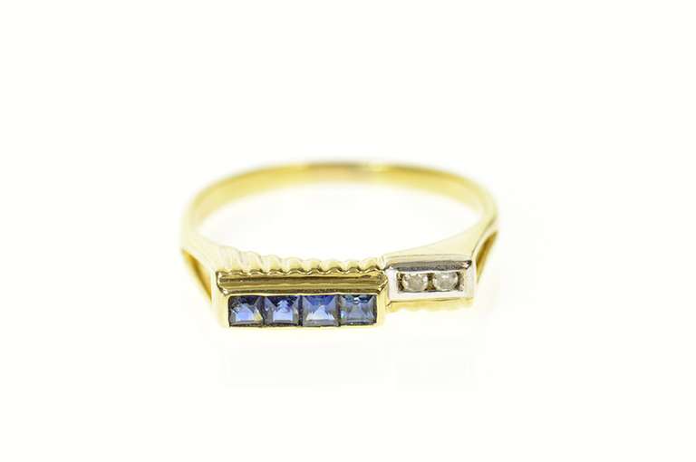 14K Yellow Gold Princess Sapphire Diamond Accent Retro Band Ring