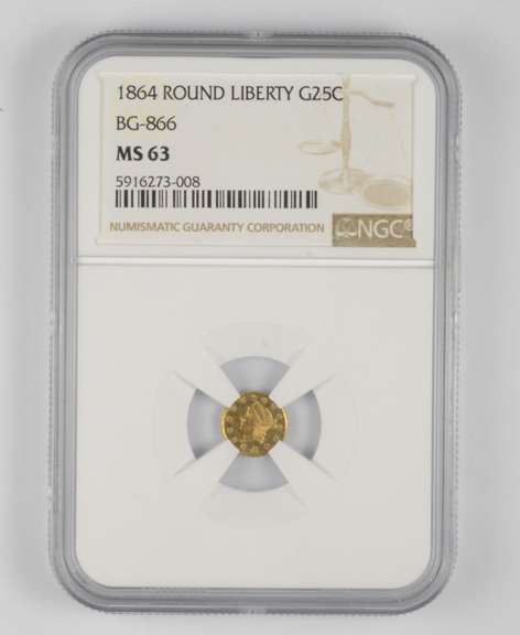 MS63 1864 Round Liberty Gold 25 Cents - BG-866 - Graded NGC
