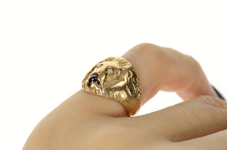 10K Yellow Gold Diamond Eyed Lion Ruby Statement Ring