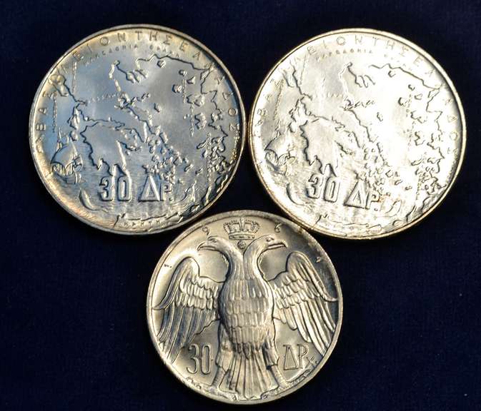 Lot OF 3 Silver Greek Coins 2 x Greece Kingdom 30 Drachma 1963 5 Kings 1 x 1961 Geek 30 Drachma