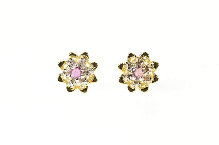 14K Yellow Gold Two Tone Ruby Inset Flower Stud Earrings