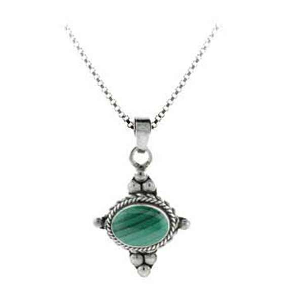 Sterling Silver Bali Beaded Genuine Malachite Stone East West Pendant