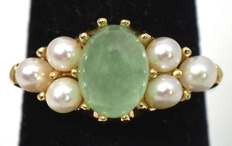 Enchanting Green Stone & Pearl Ring in 14KT Yellow Gold