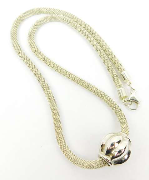 Sterling Woven Mesh Necklace with Large Center Bead