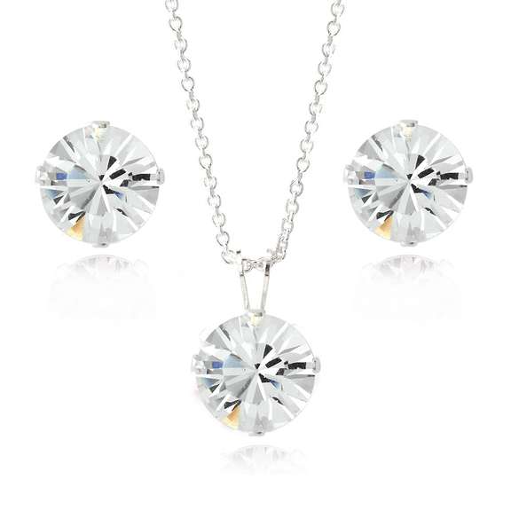 Sterling Silver Swarovski Elements 8mm Necklace & Stud Earrings Set