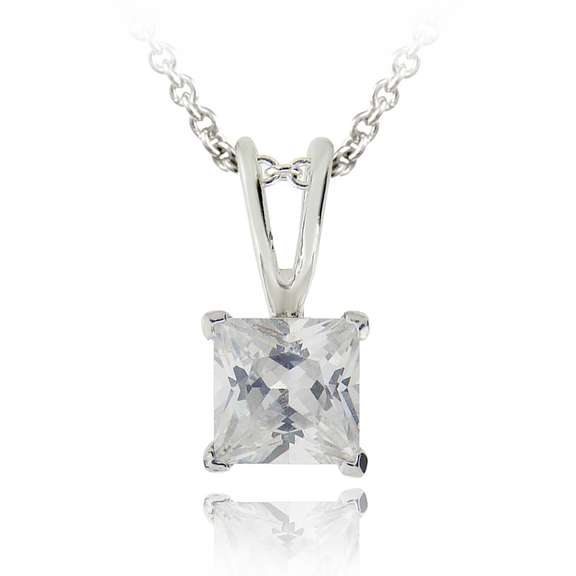Silver Tone 3/4ct CZ Square Solitaire Necklace, 5mm