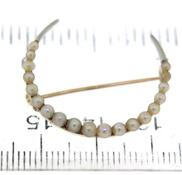 Vintage Seed Pearl Half Moon Yellow Gold Brooch
