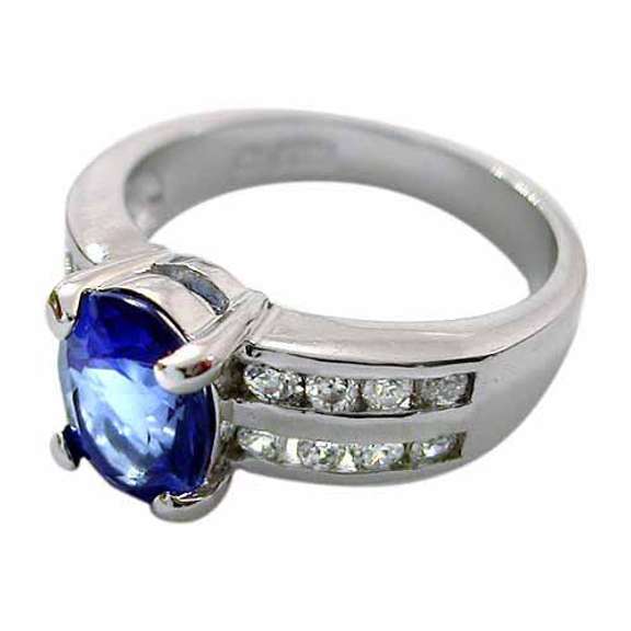 Sterling Silver Oval Tanzanite CZ & Double Row CZ Ring