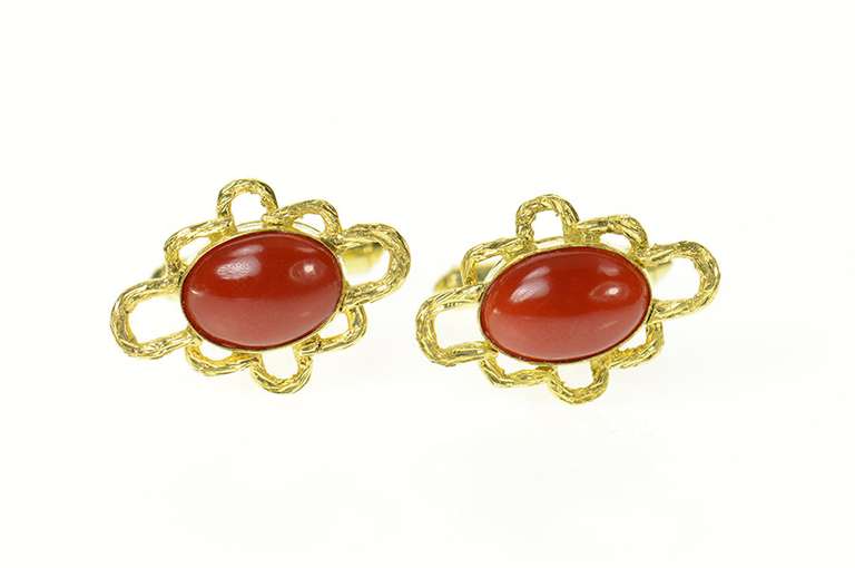 14K Yellow Gold Retro 1960's Red Coral Cabochon Ornate Cuff Links