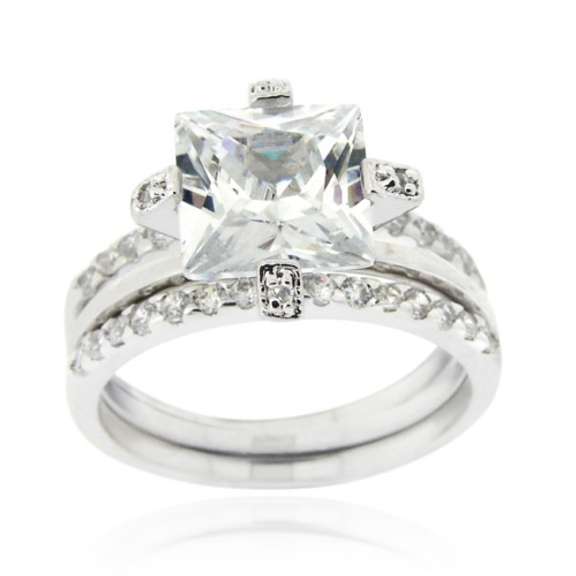 Sterling Silver Square CZ  Wedding Engagement Stackable Ring Set