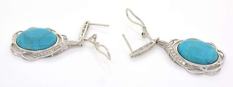 Inspiring 16.05CTW Turquoise & Diamond Dangle Earrings in Sterling Silver
