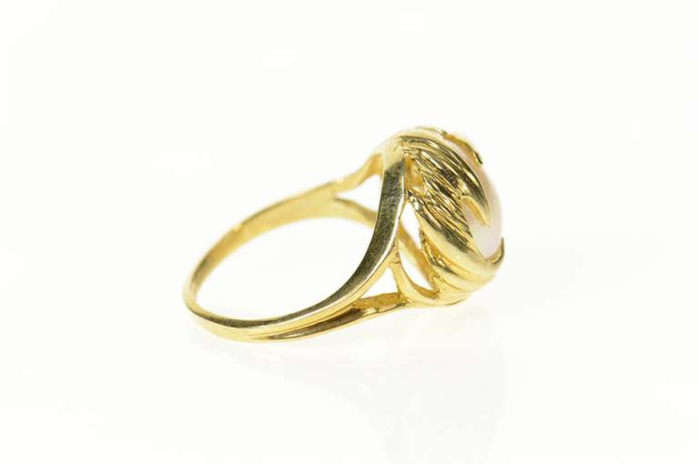 10K Yellow Gold Pearl Inset Retro Leaf Vine Swirl Cocktail Ring