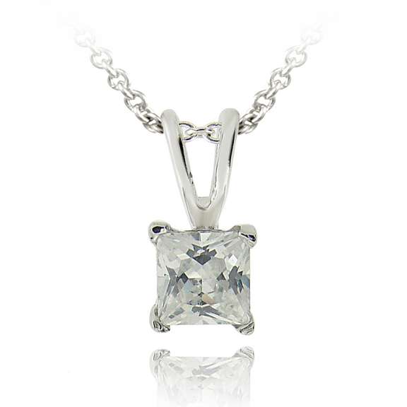 Silver Tone CZ Square Solitaire Necklace, 4mm