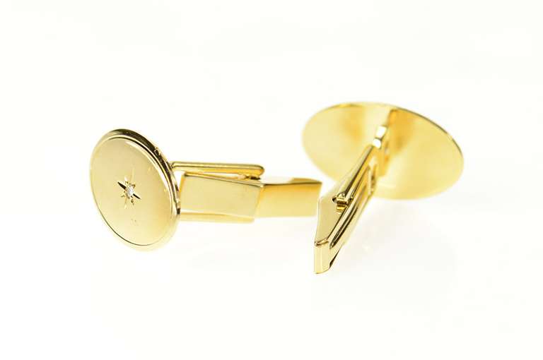 14K Yellow Gold 1960's Diamond Star Inset Oval Classic Cuff Links
