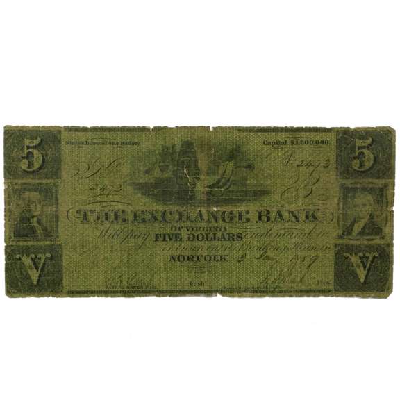 $ 5 Jan 3 1859 The Exchange Bank Of Norfolk Note