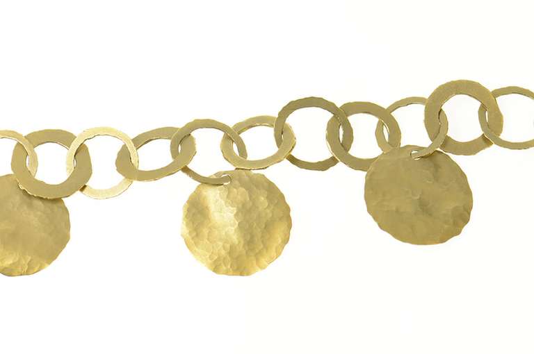14K Yellow Gold Hammered Circle Geometric Designer Chain Bracelet