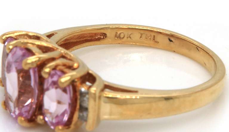 Fun & Flirty Yellow Gold 3-Stone Pink Topaz Ring with Diamond Accents