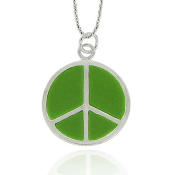 Sterling Silver Green Enamel Peace Sign Pendant