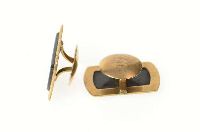 10K Yellow Gold Art Deco Ornate Blue Black Onyx Inset Cuff Links