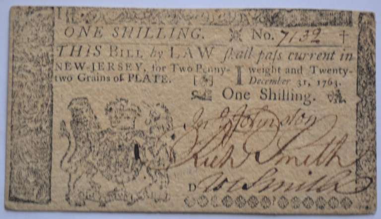 Dec 31 1763 One Shilling New Jersey Note