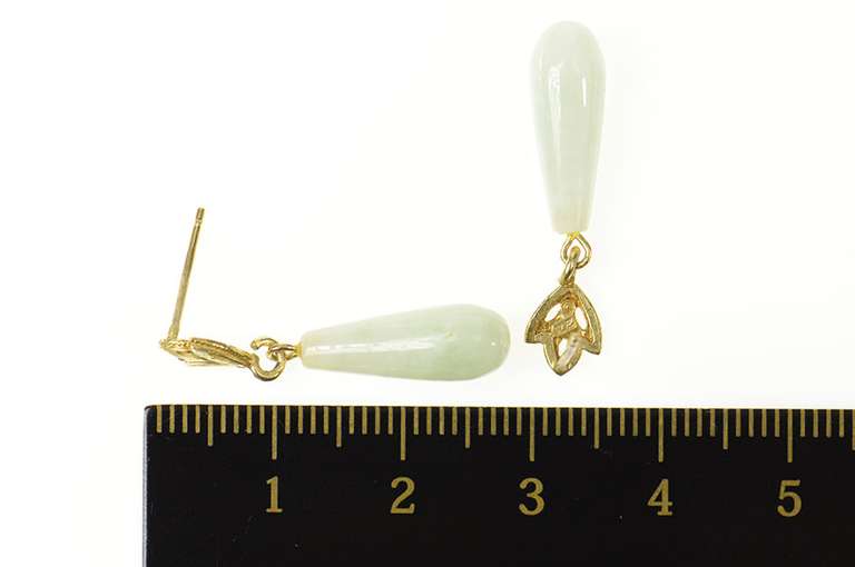 10K Yellow Gold Carved Jade Drop Dangle Leaf Accent Earrings