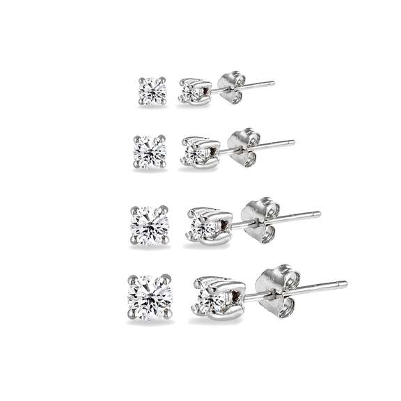 4 Pair Set Round Cubic Zirconia Stud Earrings in 925 Silver, 2mm 3mm 4mm 5mm