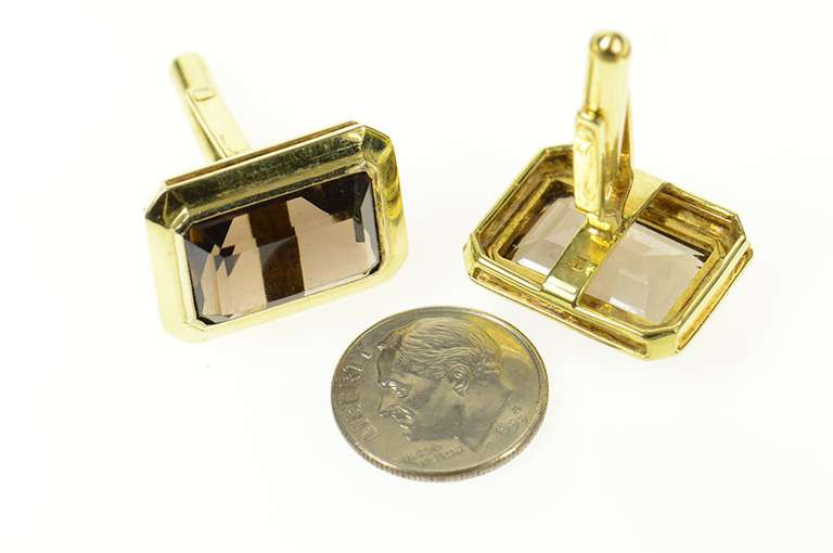 14K Yellow Gold Emerald Cut Smoky Quartz Retro Cuff Links