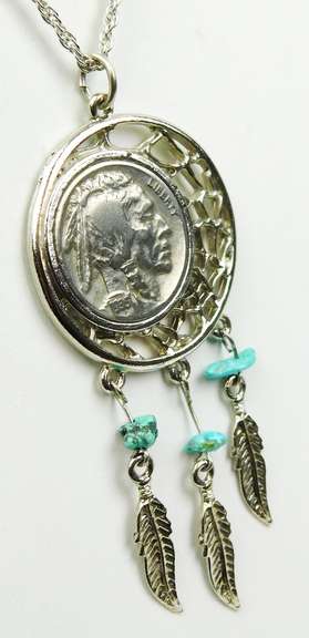 1935 Buffalo Nickel Turquoise Feather Necklace