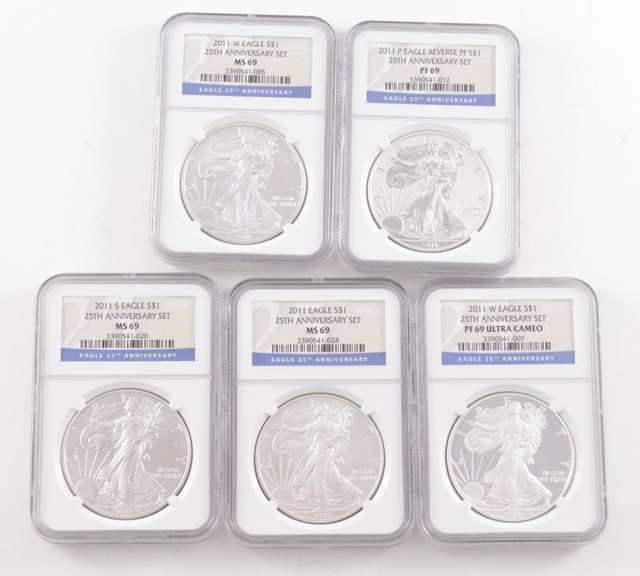 (5) MS69 & PF69 2011 American Silver Eagle 25th Anniversary Set - NGC