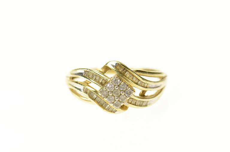 14K Yellow Gold Squared Diamond Cluster Bypass Criss Cross Ring