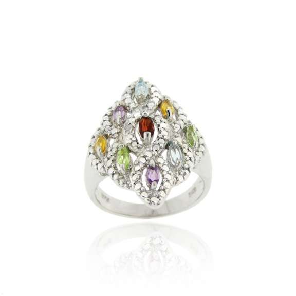 Sterling Silver Multi Gemstone & Diamond Accent Diamond Shaped Ring