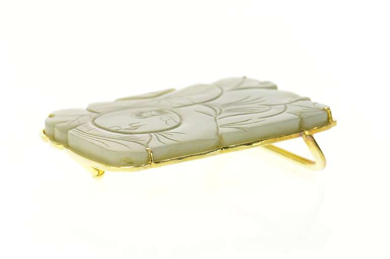 14K Yellow Gold Ornate Carved Chinese Jade Belt Bucklet