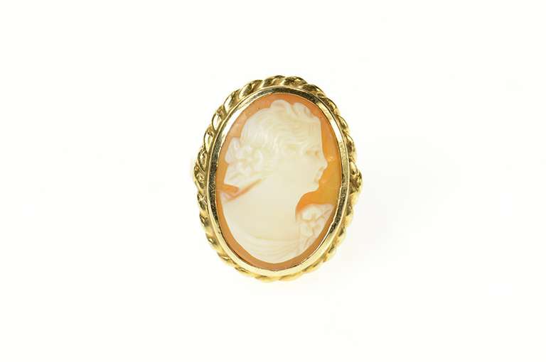 14K Yellow Gold Retro Ornate Carved Shell Cameo Statement Ring
