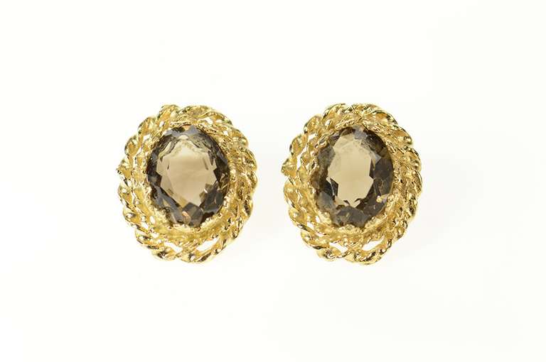14K Yellow Gold Smoky Quartz Oval Twist Trim Stud Earrings