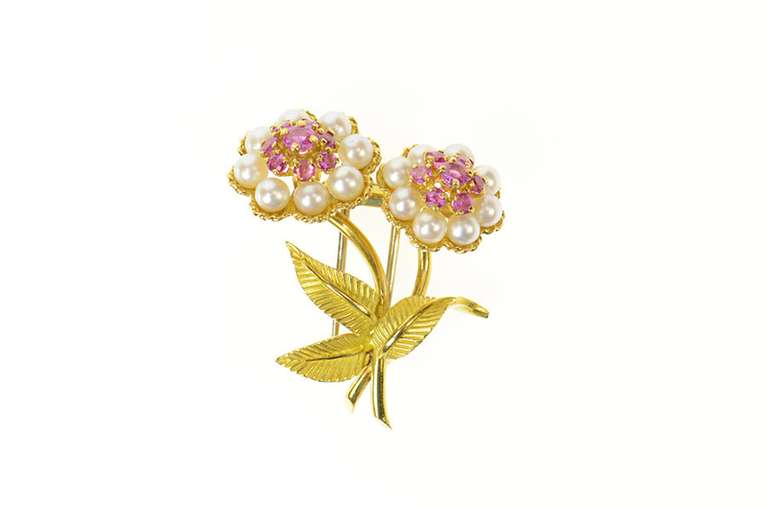 18K Yellow Gold Retro Ruby Pearl Flower Bouquet Pin/Brooch
