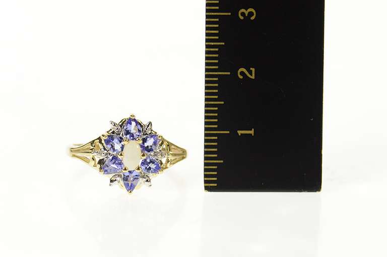 10K Yellow Gold Opal Tanzanite Halo Diamond Accent Statement Ring