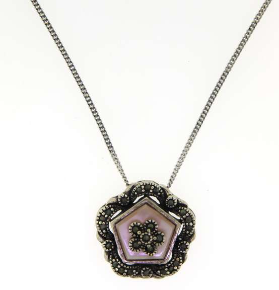 Italian Sterling Silver Marcasite Flower Pendant Necklace
