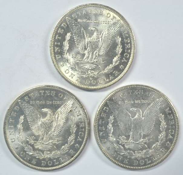3 diff. blazing BU 'O' Mint Morgan Silver Dollars