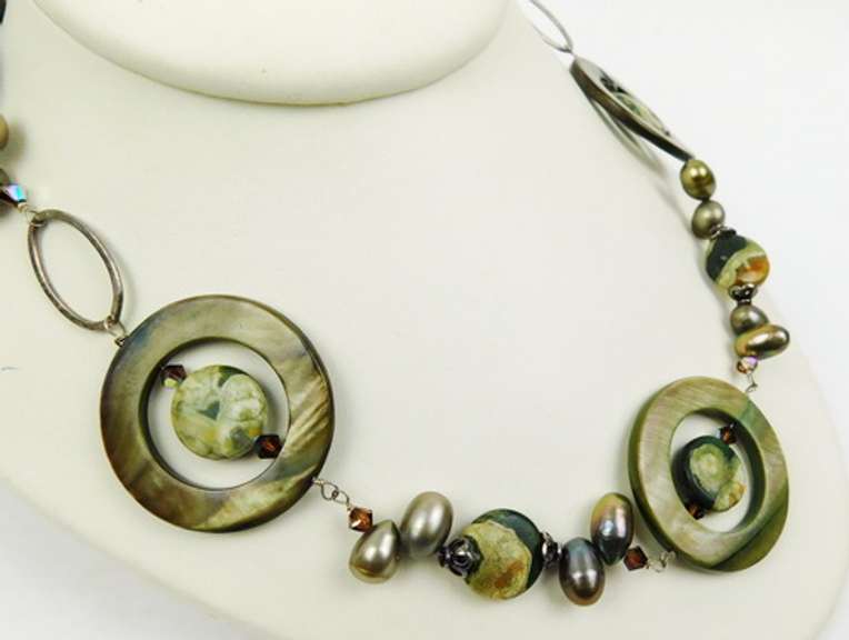 Stunning Green Agate, Pearls & Shell Sterling Necklace