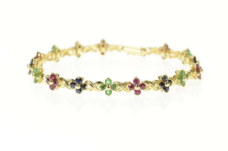 14K Yellow Gold Ruby Emerald Sapphire Flower Cluster Tennis Bracelet