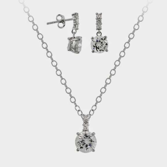 Sterling Silver CZ Solitaire Drop Pendant & Earrings Set