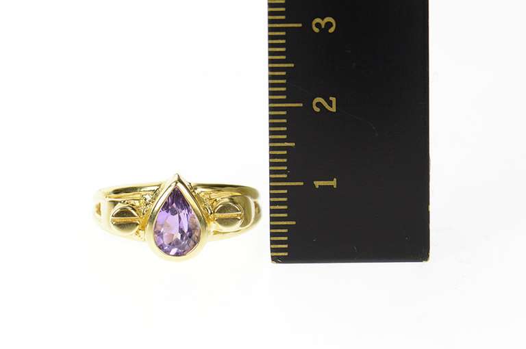 14K Yellow Gold Pear Amethyst Solitaire Ornate Statement Ring