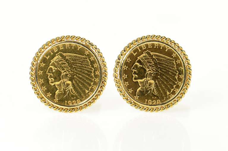 14K Yellow Gold 1928 Indian Head Quarter Eagle $2.50 Coin Cuff Links
