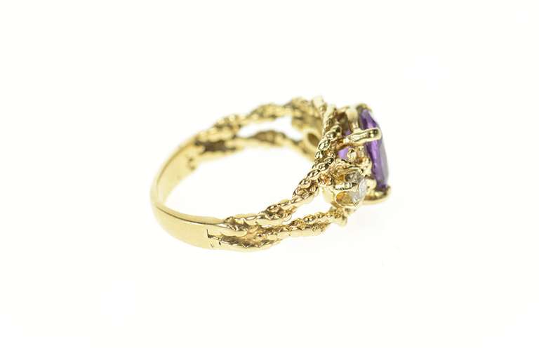10K Yellow Gold Ornate Amethyst Diamond Accent Rope Design Ring