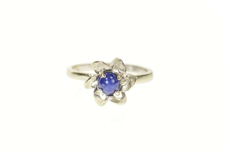 14K White Gold Retro Syn. Blue Star Sapphire Floral Twist Ring
