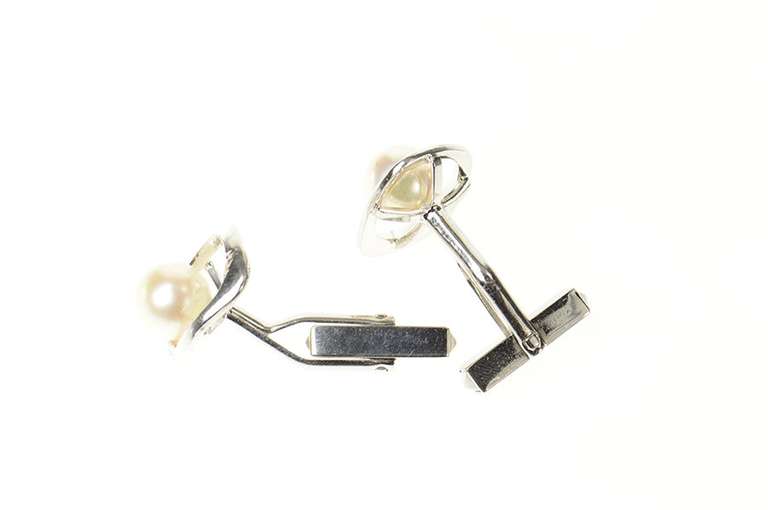 14K White Gold 8.3mm Retro 1960's Pearl Fancy Geometric Cuff Links